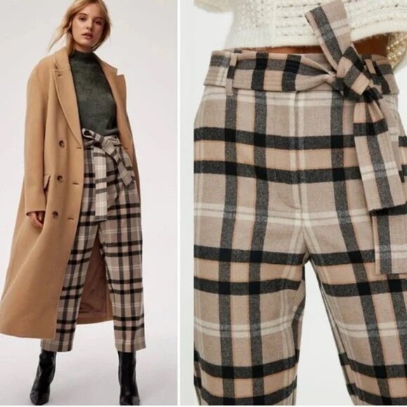 Aritzia Wilfred Tie Front Belt Plaid Pants Cropped High Rise Waisted Trousers - Picture 12 of 15